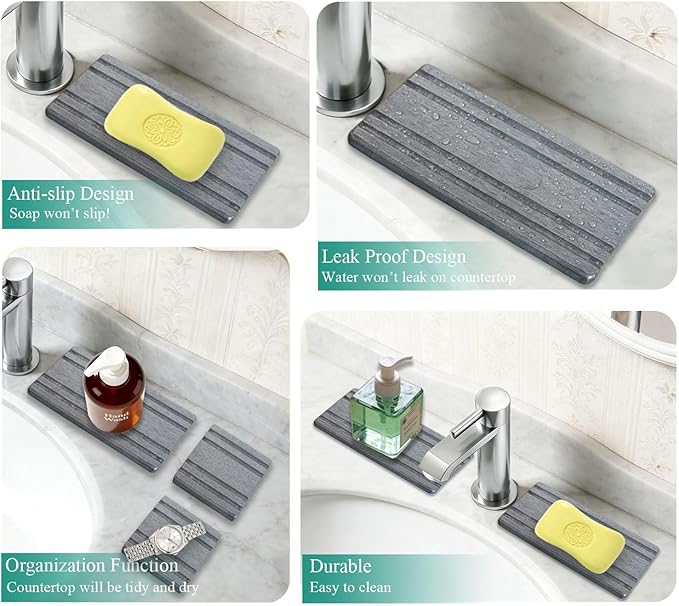 3PCS Stone Drying Trays for Sink, Water Absorbing Stone Tray for Kitchen Counter, Diatomaceous Earth Soap Dish and Coaster, Fast Drying Sink Tray, Soap Trays for Bathroom Counter Toothbrush Holders
