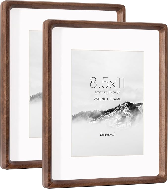 8.5 by 11 Picture Frame, USA-Sourced Walnut Wood Photo Frame with HD Tempered Glass, Handcrafted Rounded Corner 8.5x11 Wooden Picture Frames Matted to 6x8 Photos, Tabletop or Wall Display-2p | Hd Tempered Glass