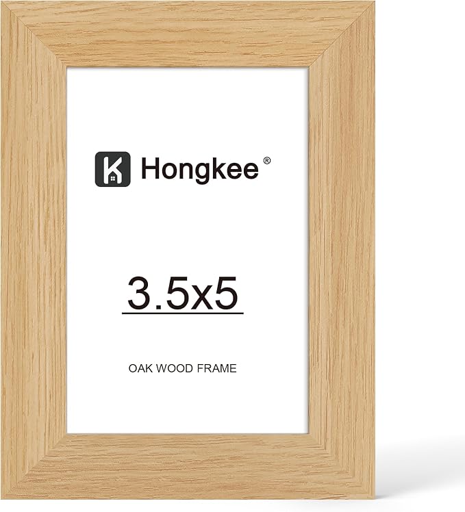 Hongkee 3.5x5 Oak Wood Picture Frame(1 Pack, Natural) with Real Glass Cover | Solid Wood 3.5 x 5 Small Frame for Wall or Tabletop Display - Includes Easel Back, Vertical Hang - Ideal for Home, Office