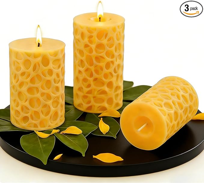Ashlux Beeswax Pillar Candles 3x4 inch, 100% Pure Beeswax Candles-174 Hours Long Burning, Unscented and Dripless Pillar Candles Bulk for Christmas Lights,Wedding,Parties,Spas,Home Decorative