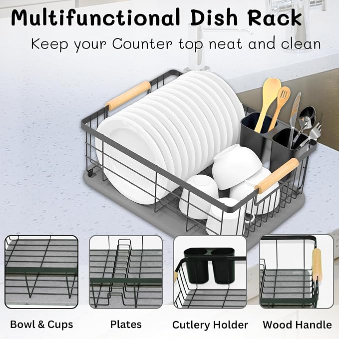 Dish Drying Rack with Stone Drying Mat - Dish Strainers for Kitchen Counter - Quick Absorption, Space Saving, Stainless Steel - Diatomaceous Earth Dish Drying Mat with Cutlery Holder