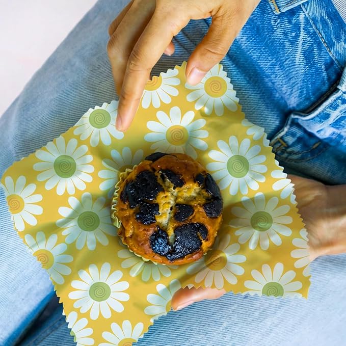 Reusable Beeswax Wraps, 9 Pack Eco-Friendly Food Storage, Organic, Sustainable, Zero Waste, Plastic-Free, Sandwich, Bread, Bowl Cover, 1XL, 3M, 5S, Blue Green Yellow Daisy Pattern