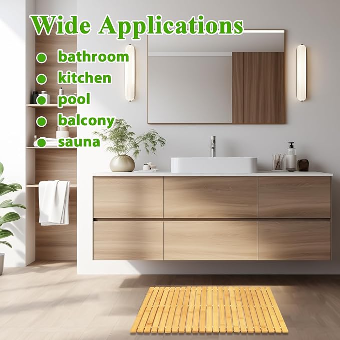 QTLCOHD 2 Pcs Bamboo Bath Mat, Wood Shower Bathroom Mat, 16 x 24 Inch | Non Slip Bathtub Mat, Foldable Waterproof Non Slip Accessories for Floor, Sauna, Spa, Hot Tub