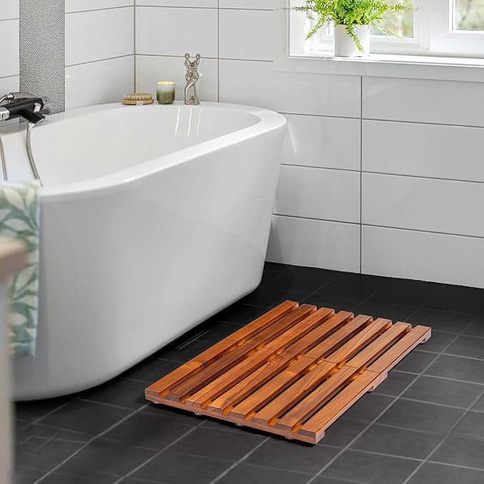 Premium Teak Shower Mat - 24" x 16" Non-Slip Wooden Bath Mat for Bathroom Floor, Fast-Drying Spa-Style Solid Wood Duckboard, Indoor & Outdoor Use