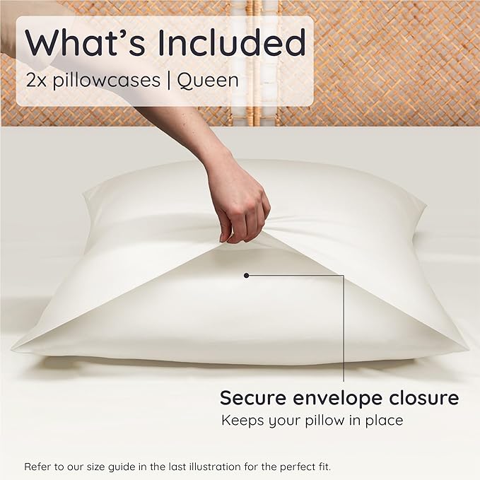 Bambaw 100% Viscose Derived from Bamboo Pillowcase Queen Size – Queen Cooling Pillow Cases Set of 2, with Envelope Closure, Breathable & Super Soft Pillow Cases (Ivory)