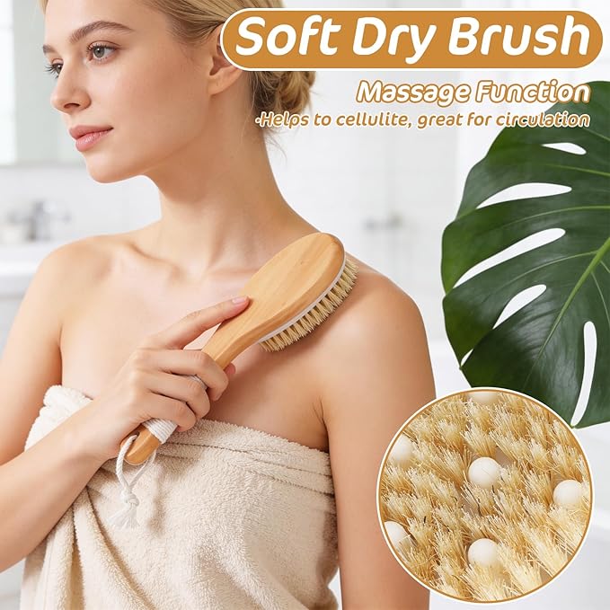 6PCS Dry Brushing Body Brush Set, Long Handle Dry Brush for Lymphatic Drainage Cellulite Treatment, Wooden Bristle Face Scrub Brush with Pumice Stone, Bath Brushing Exfoliating Back Brushes