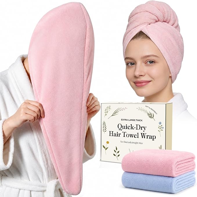 2 Pack Microfiber Hair Towel Wrap for Women, Large Fast Drying Hair Towel Turban, Ultra Soft Thick Anti-Frizz, Double Stitched Edges & Stay in Place No Slip Design for Curly Long Wet Hair(Pink/Blue)