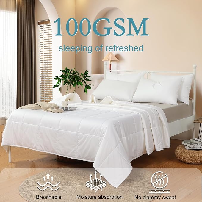YOUR MOON Summer Lightweight Wool Comforter - Breathable & Thin Duvet Insert for Hot Sleepers, 100% Australian Wool Filling 100gsm with Pure Cotton Shell-Queen Size (White)