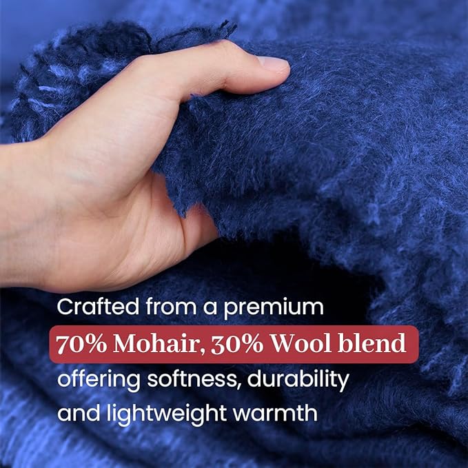 Biddy Muprhy Ultra Soft Irish Mohair & Wool Throw Blanket, Made in Ireland, 54"x72", Solid Blue