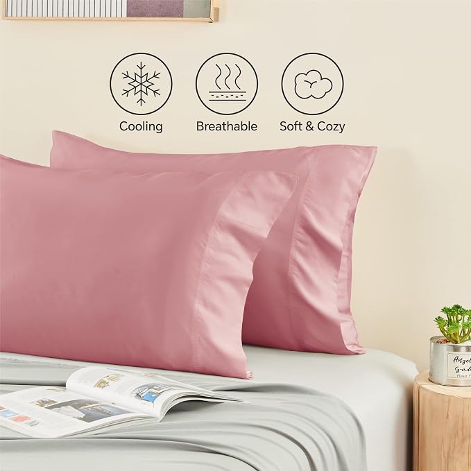 BEDELITE Pillow Cases Queen Size Set of 2, Rayon Derived from Bamboo, Cooling Pillow Cases for Hot Sleepers & Night Sweats, Breathable and Silky Soft Envelope Pillowcases(Rose Pink, 20"x30")