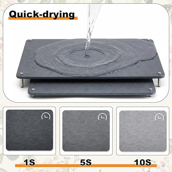2 Pcs 24"x16" & 20"x16" Extra Large Nesting Stone Dish Drying Mats for Kitchen Counter Absorbent Quick Dry Diatomaceous Earth Mat with Non-slip Feet for Pot Dishes Cups Tableware (Dark Gray)