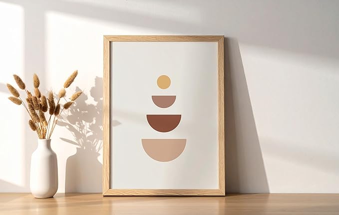Minimalist Geometric Wall Art Stacked Semi-Circle Shapes Earth Tones Terracotta Brown Mid Century Modern 8x10 Inch Oak Wood Beige Framed Abstract Print for Office