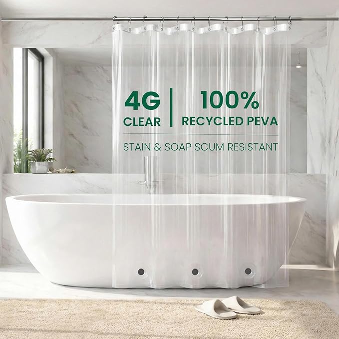 Bowery Home NOT Made in China Eco-Friendly Recycled PEVA Shower Curtain Liner – Waterproof, Sustainable, Non-Toxic Shower Curtain Liner, with Rust-Proof Grommets, 72x72IN, 4G – Clear