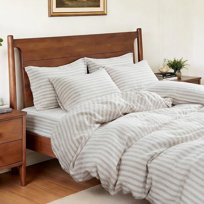 S VICTORY SYMBOL 100% Organic Linen Duvet Cover Set,Yarn Dyed Classic Beige Stripe French Natural Flax Bedding Set King Size,3pcs Farmhouse Comforter Cover Set