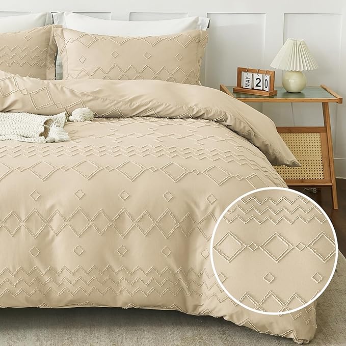 EMME Queen Duvet Cover Boho, Tufted Microfiber Comforter Cover Set for All Seasons, 3 Pieces Embroidery Chic Boho Bedding Set, 1 Duvet Cover + 2 Pillowcases (Beige, Queen)