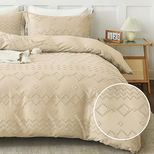 EMME Queen Duvet Cover Boho, Tufted Microfiber Comforter Cover Set for All Seasons, 3 Pieces Embroidery Chic Boho Bedding Set, 1 Duvet Cover + 2 Pillowcases (Beige, Queen)