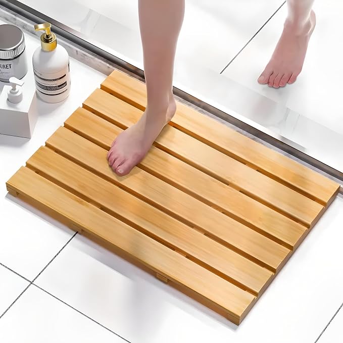 Luxury Bamboo Bath Mat - Waterproof Wood Shower Mat with Non-Slip Feet - Sturdy Bathroom Mat for Inside and Outdoor Use - Bathroom Decor Essentials Multifunctional Design for All Occasions