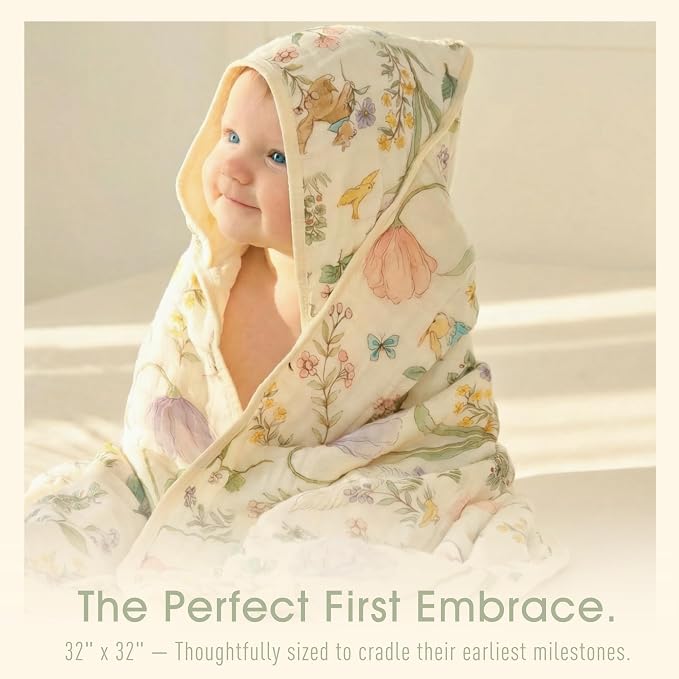 4-Piece Muslin Baby Towel Set - Made with Organic Cotton, (2) 6-Layer 32x32 Towels & (2) Washcloths, Bath, Beach & Pool Gift Set (Woodland Garden & Green)