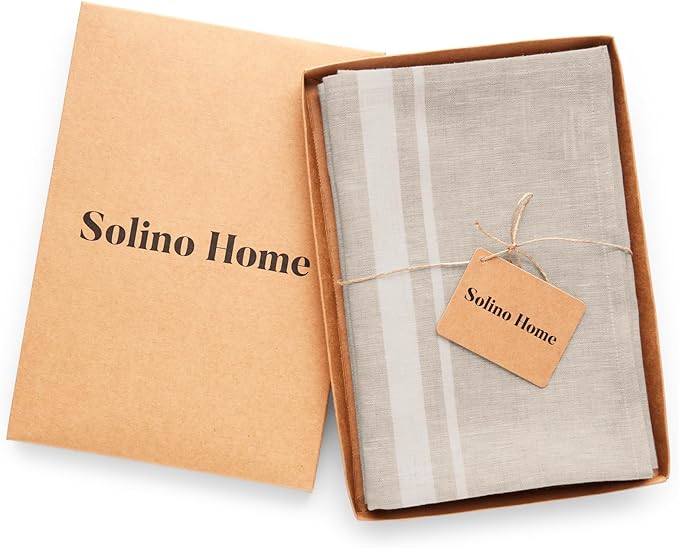 Solino Home Striped Linen Dinner Napkins Set of 4-100% Pure Linen White and Natural Cloth Napkins 20 x 20 Inch for Summer - French Stripe, Handcrafted and Machine Washable