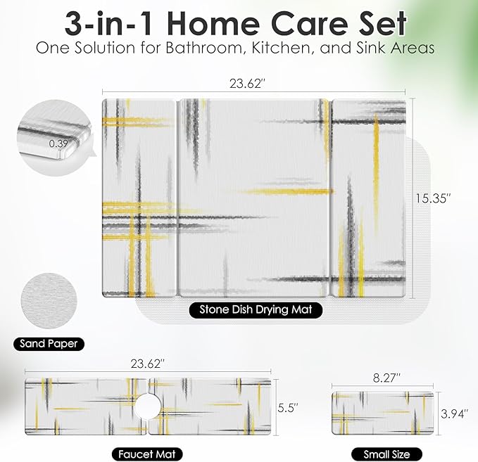 3 PCS Large Stone Dish Drying Mat for Kitchen Counter -24"x16" Absorbent Diatomaceous Earth Mat with Stone Faucet Mat & Soap Tray - Quick Dry, Collapsible, Non-Slip Countertop Organizer