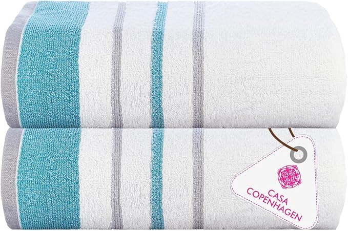 CASA COPENHAGEN White Bay 2Pcs 100% Egyptian Cotton Large Designer Bathsheet Towels Gift Set- Grey - Teal, 600GSM, 35"x70" 2Bath Sheet Towels for Bathroom (Gift Set for Women & Men)