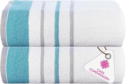 CASA COPENHAGEN White Bay 2Pcs 100% Egyptian Cotton Large Designer Bathsheet Towels Gift Set- Grey - Teal, 600GSM, 35"x70" 2Bath Sheet Towels for Bathroom (Gift Set for Women & Men)