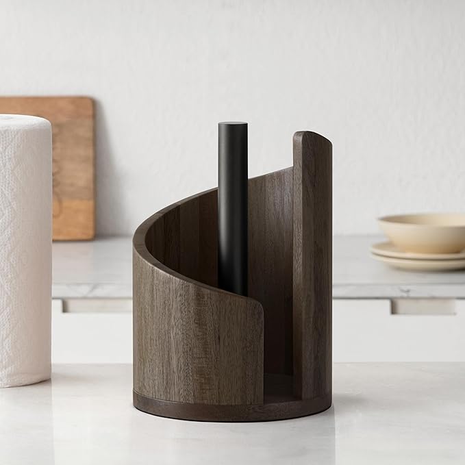 Anji Mountain Wooden Paper Towel Holder Countertop with Mango Wood Round Base and Iron Holder, Holder Stand for Kitchen Roll Organizer & Kitchen Dining Table Home Decor - Chocolate/Black, Classic
