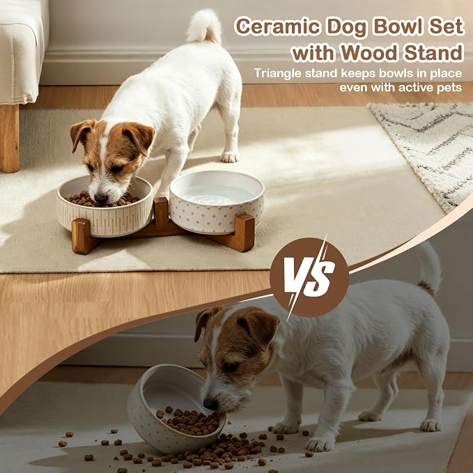 Ceramic Dog Bowl Set with Acacia Wood Stand, 1.5–2 Cups Food & 15oz Water Ceramic Pet Bowls, Lead-Free, Smooth Glaze with Non-Slip Base for Cats and Small Dogs