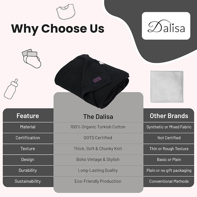 Dalisa 100% Organic Turkish Cotton Throw Blanket - GOTS Certified, Cozy - Perfect for Couch, Bed, and Home Decor - Boho Vintage Knit Alina (Black, 60x80)