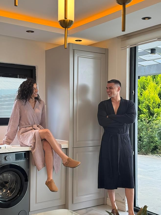 Muslin Unisex Bathrobe Women & Men, 100% Cotton Kimono Lightweight Robe | Long Robes Soft, Absorbent, Spa robes