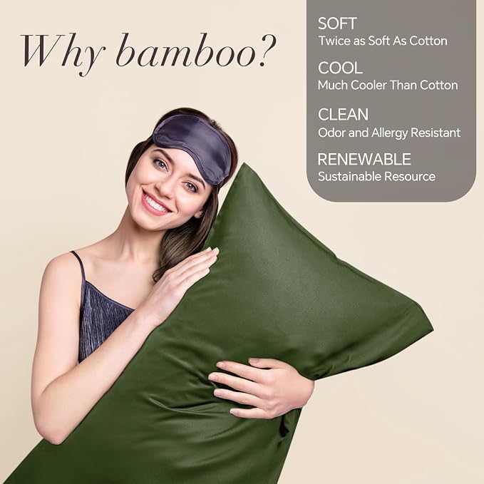 BEDELITE Olive Green Pillow Cases Queen Size Set of 2, Rayon Derived from Bamboo，Cooling Pillow Cases for Hot Sleepers & Night Sweats, Breathable and Silky Soft Envelope Pillowcases, 20"x30"