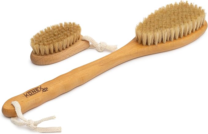 KONEX Bath Brush Set, Exfoliating Shower Scrubber, Dry Brushing Body Brush Set, Pore Opening, Beechwood Handle with Natural Bristle Large 15" Plus Small Face Brush (Pack of 5)