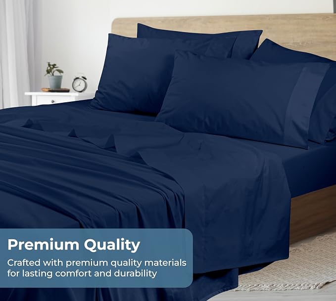 ROYALE LINENS 100% Organic Cotton Full Sheet Set - Percale Weave - 4 Pieces Set - 1 Flat, 1 Deep Pocket Fitted Sheet and 2 Pillowcases - Navy Bed Sheets - Sábanas Full - Crisp Cool (Navy)