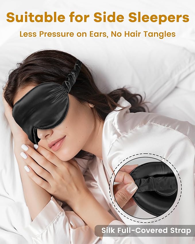 BeeVines Pure Silk 3D Contoured Sleep Mask for Women, Luxury 100% 22 Momme Mulberry Silk 3D Contoured Eye Mask for Lash Extensions, Zero Eye Pressure & Blackout(Black)