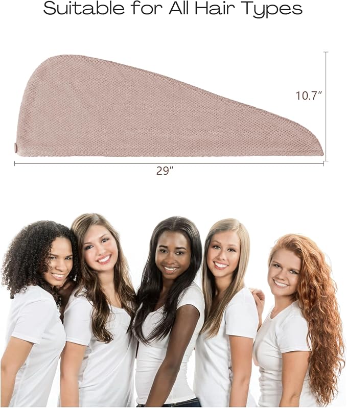ROLSHOL Extra Large 4 Pack Microfiber Hair Towel Wrap for Women Super Absorbent & Quick Dry Hair Drying Towels with Button, Hair Turbans for Curly Hair Long & Short Hair - Anti-Frizz (Pink Pinstripe)