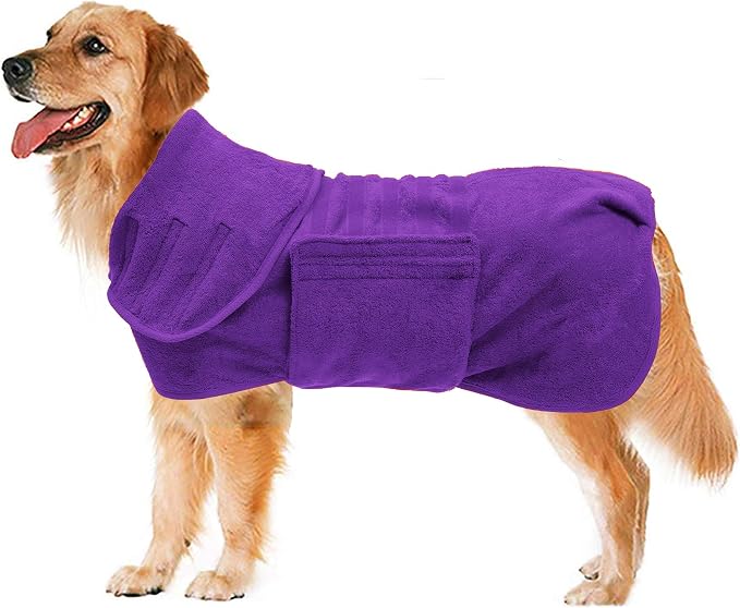 Geyecete Dog Drying Coat - Fast Drying Dog Bathrobe Towel - Microfibre Super Absorbent Pet Cat Bath Robe, Luxuriously Soft Purple XXL