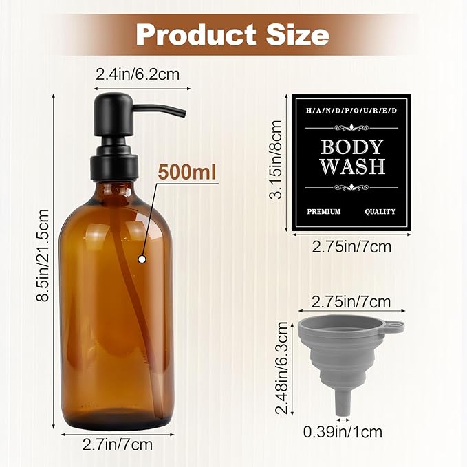 Amber Glass Soap Dispenser, Sturdy Hand Soap Containers with Waterproof Labels and a Foldable Funnel, Refillable Dish Soap Bottles Set for Bathroom Kitchen Hotel