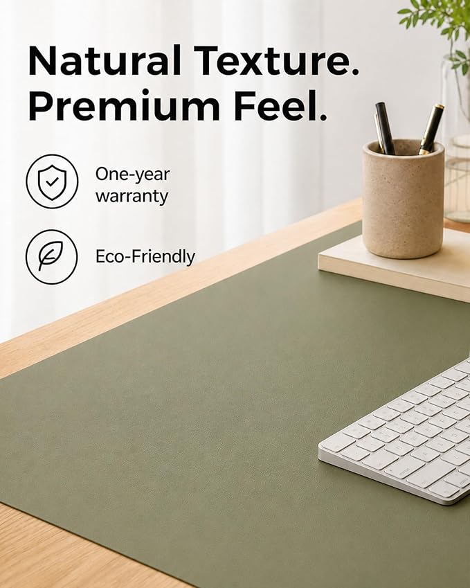 Aothia Cork Desk Mat - Dual-Sided XL PU Leather Desk Pad & Full Desk Protector, Large Waterproof Desktop Mat for Office & Gaming (47" x 23.6", Olive Green)