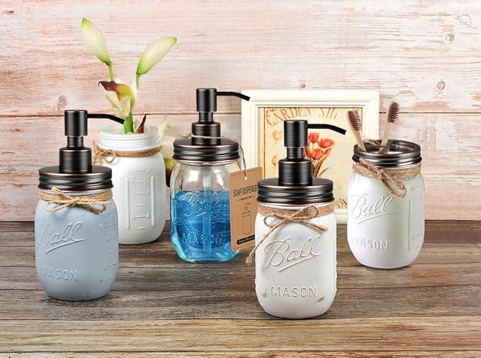 3PACK Amber Glass Qtip Holder+ Mason Jar Bathroom Accessories Lids Set(4pcs)-Oil Rubbed Bronze