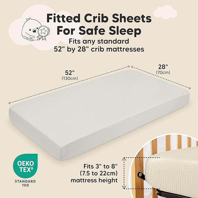 KeaBabies 2-Pack Muslin Crib Sheets for Boys, Girls - 100% Organic Cotton Fitted Baby Crib Mattress Sheet, Soft Breathable Standard Toddler Bed Cover Bedding Set, Neutral, Durable 52x28 (Greige)