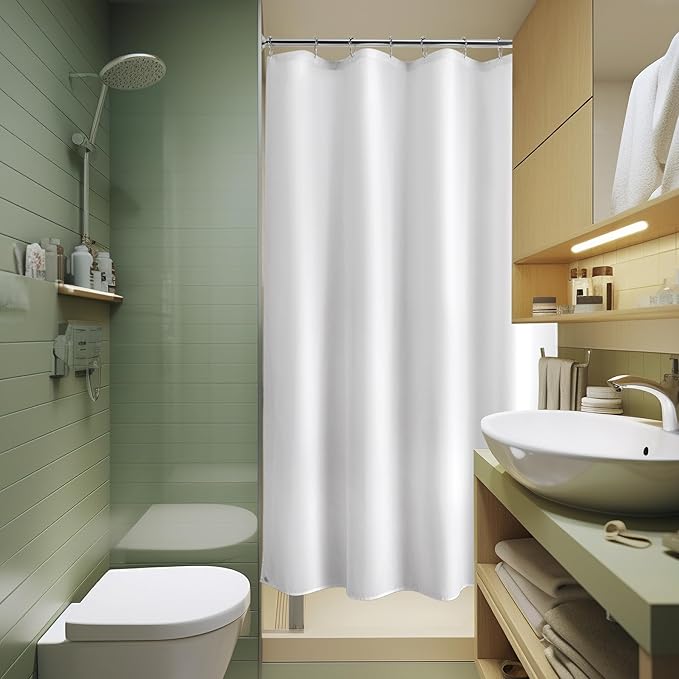 Titanker Small Stall Shower Curtain Liner Washable, 48x72 Inches, White Fabric Stall Shower Liner with 2 Magnets, Waterproof RV Shower Liner Soft Lightweight Polyester, White