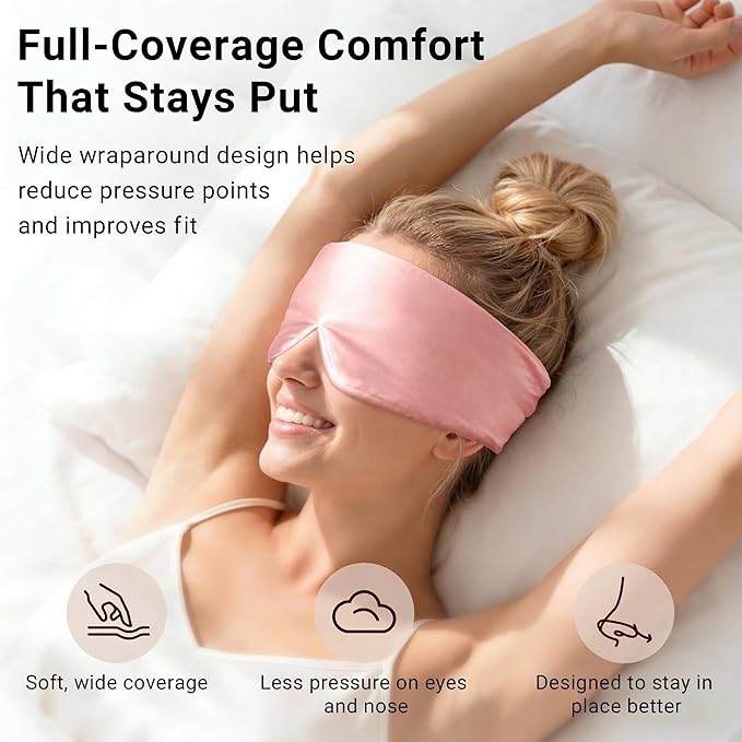 Mulberry Silk Sleep Mask for Women, 100% Blackout Eye Mask for Sleeping, Full Wrap Eye Cover with Adjustable Fit, Soft on Skin and Hair, 22 Momme Pink