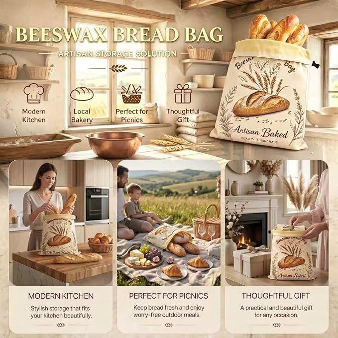 Sourdough Beeswax Bread Bags for homemade bread | Reusable 2 Pack Cotton Linen Natural Bread Storage Bag Keep Fresh 17 x 13 Inches
