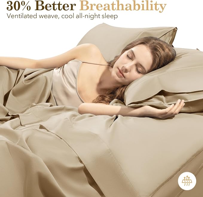 SONORO KATE 100% Organic Cotton Sheets Set - 600 Thread Count, GOTS Certified Cotton Bed Sheets, Soft, Breathable & Silky Sateen Weave Sheets, 16" Deep Pockets - 4 PC (Beige,Queen)