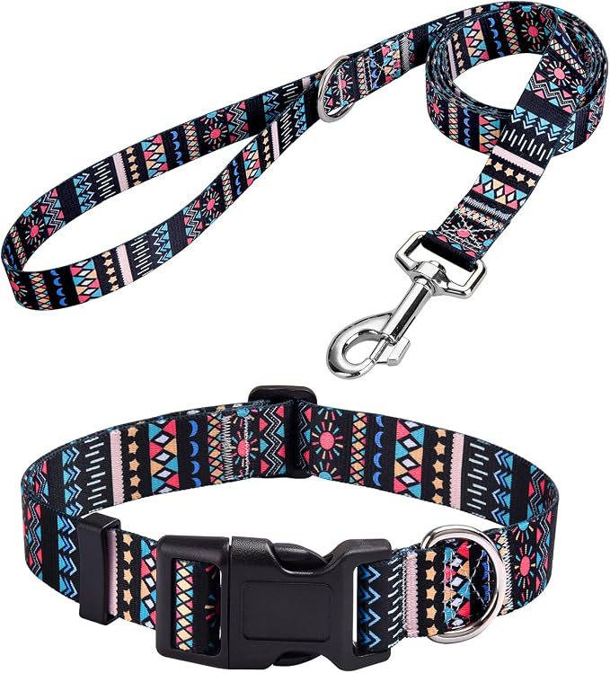 MarukoPet Dog Collar and Leash Set, Adjustable for Small Medium Large Dogs Puppy, Cute Design with Bohemia Floral Tribal Geometric Patterns Boys Girls Dog Collar(Black Bohemia Set,XS)