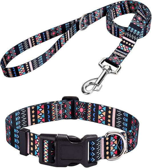 MarukoPet Dog Collar and Leash Set, Adjustable for Small Medium Large Dogs Puppy, Cute Design with Bohemia Floral Tribal Geometric Patterns Boys Girls Dog Collar(Black Bohemia Set,XS)