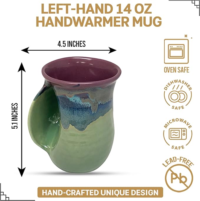 Clay in Motion Hand Warmer Coffee Mug – Handmade Coffee Mug With Comfortable Handle Contoured Pocket Hand Warming Ceramic Coffee Mug – Proudly Made in USA – Left Handed – 14 Oz - Mossy Creek