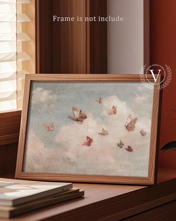 Vintage Whimsical Butterfly Wall Art Vintage Nursery Wall Art Cottagecore Girls Room Decor Cottage Butterfly Landscape Oil Art Print Country Field Style Retro Wall Decor for Gallery Living Room Bedroom (UNFRAMED 8x10in)