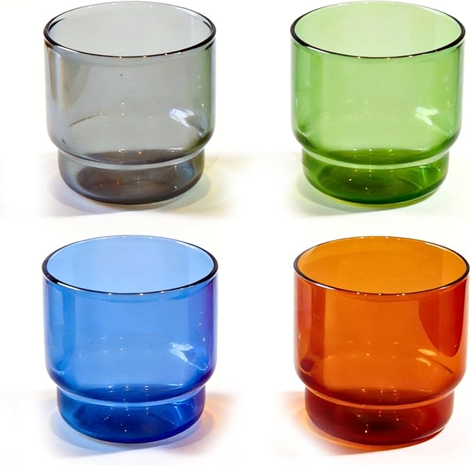 Bodega Glasses Set, Stackable Short Glasses 4-piece | Built-in Color Borosilicate Glass Dishwasher Safe