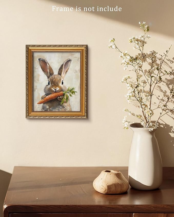 Vodefoad Carrot Rabbit Retro Vintage Canvas Wall Art Bunny Holding Carrot Canvas Cute Rustic Farmhouse Rabbit Wall Art Animal Nursery Decor, Spring Bunny Painting, Easter Bunny Print for Bedroom Bathroom Holiday Decor - 8x10Inch Unframe